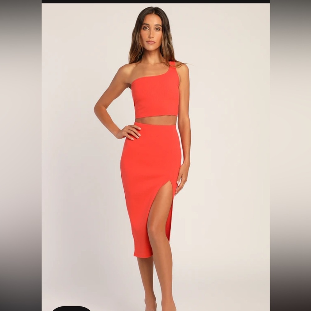 Phenomenal Style Orange Ribbed One-Shoulder Two-Piece Midi Dress